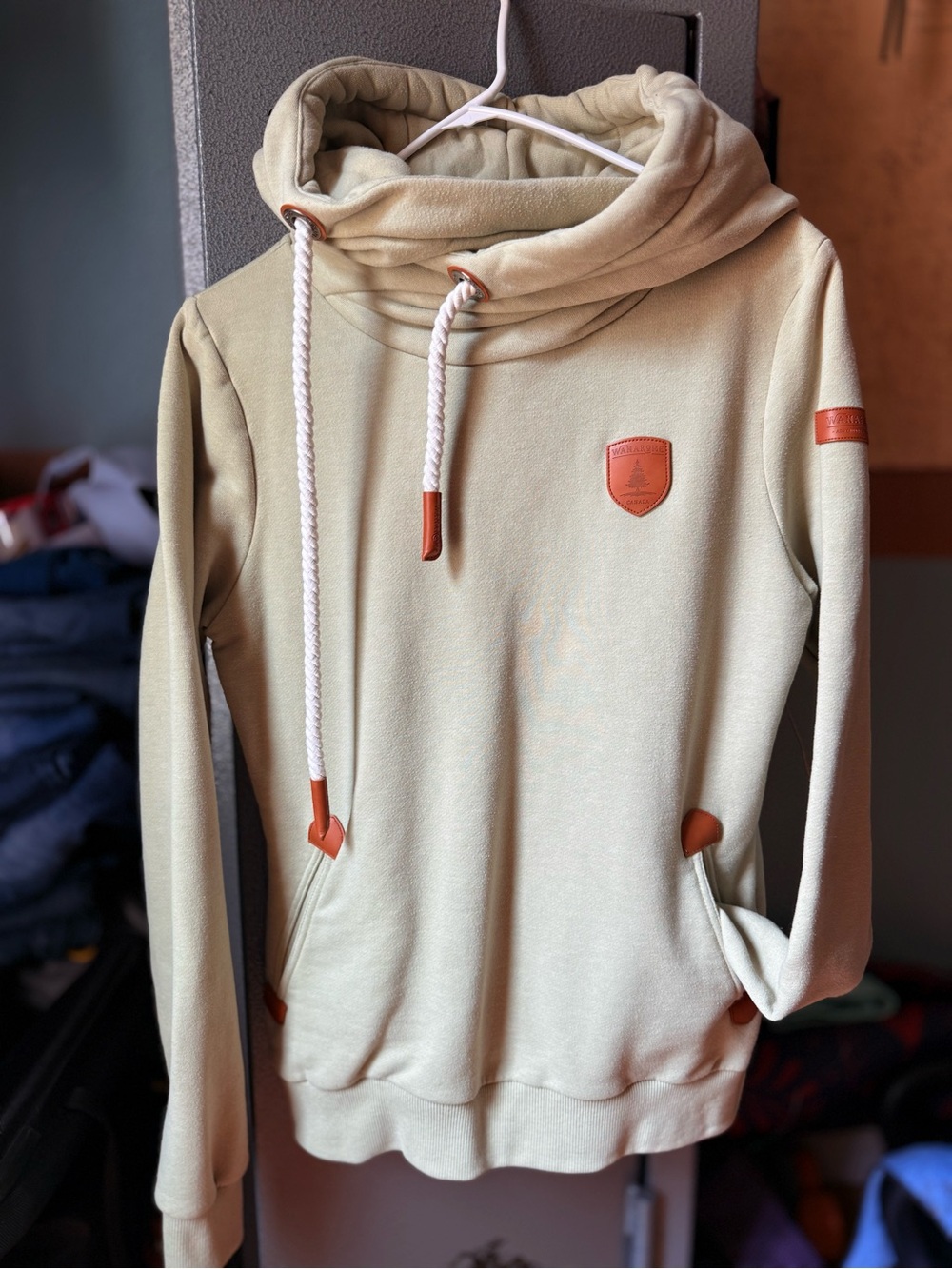 Wanakome Light Green Pullover Hoodie with Tan Leather Accents
